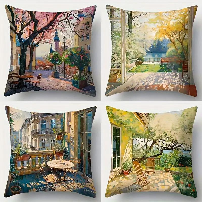 4pcs Balcony landscape design double-sided Printed pillow cover Short plush Suitable living bedrooms sofas throw cushion cover