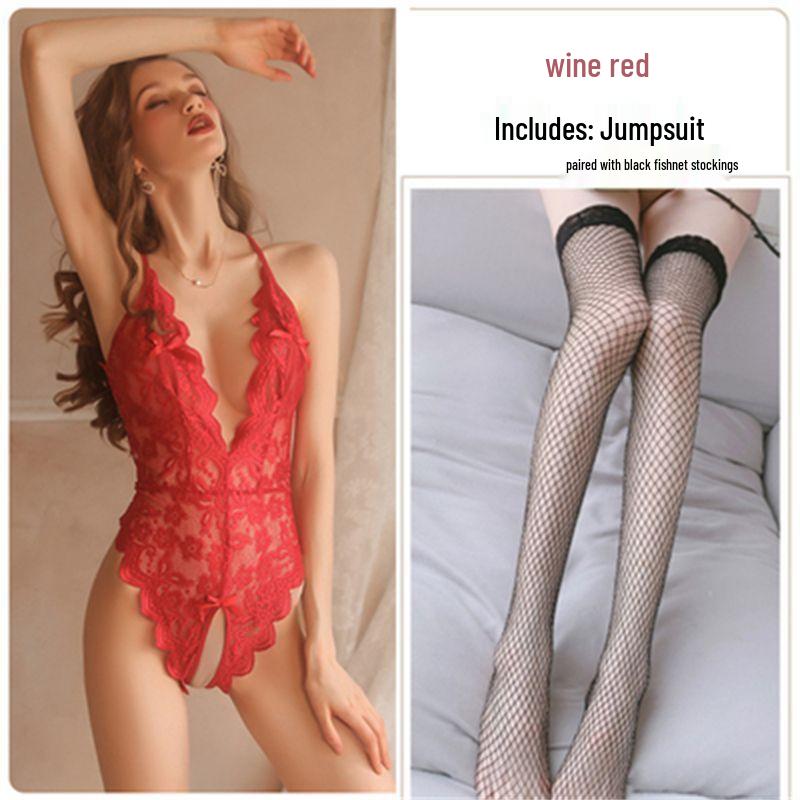 Pure Desire Lace Sleepwear Set: Sexy See-Through, Deep V, Backless, Open Crotch, Removable for Ultimate Temptation