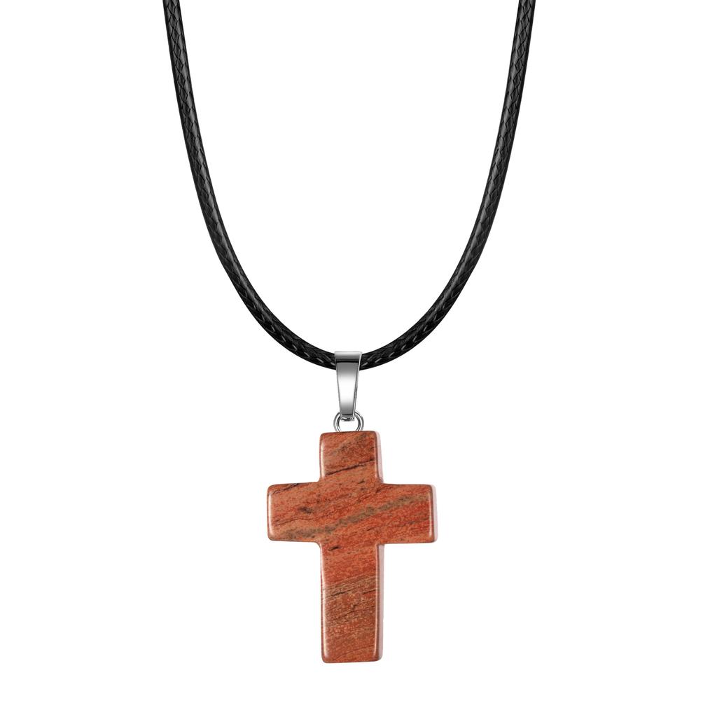Natural Stone Cross Pendant Necklace Women Men 18inch Black Leather Cord Custom Crystal Choker Chakra Jewelry Findings