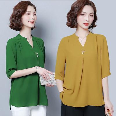 Oversize Women Spring Summer Style Chiffon Blouses Shirts Lady Casual Half Sleeve V-Neck Loose Style Blusas Tops DF2867