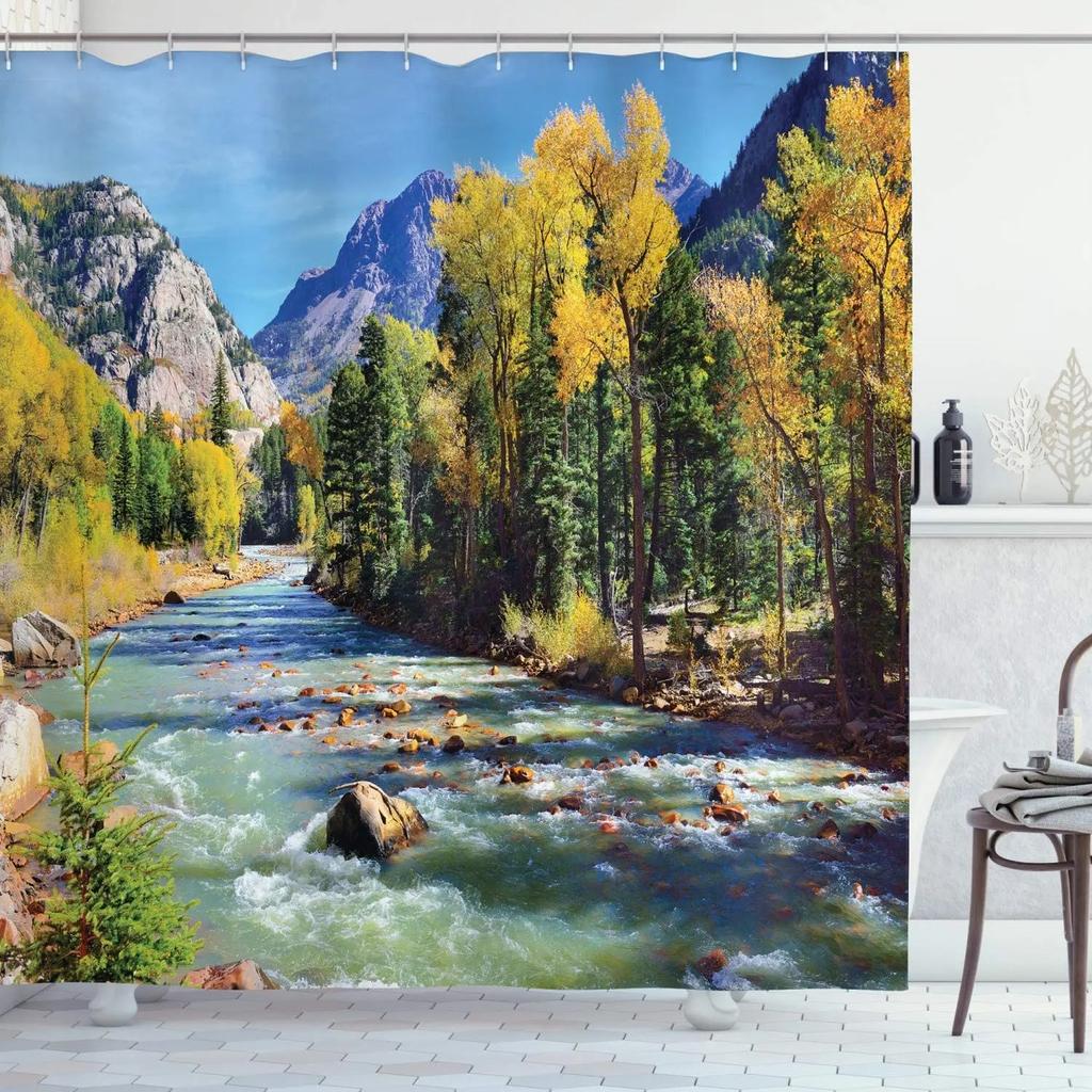 Nature Shower Curtains Stream Flowing in Forest Mossy Rocks Trees Foliage Splash Landscape Fabric Bathroom Decor Set with Hooks