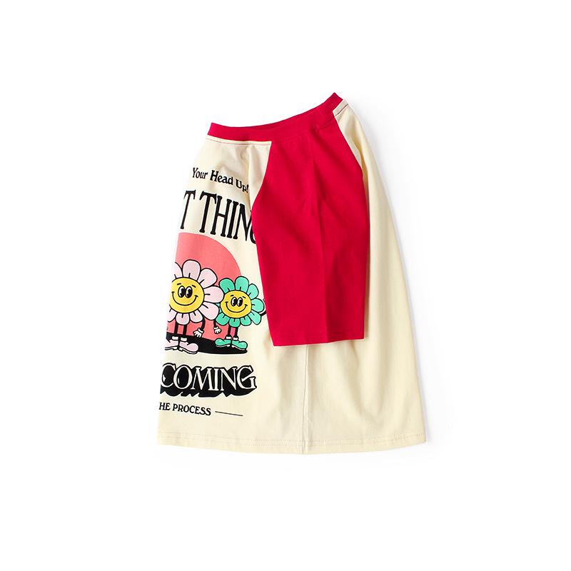 Korean Style Girls' Color Block Raglan Tee - Breathable Summer Short Sleeve Top