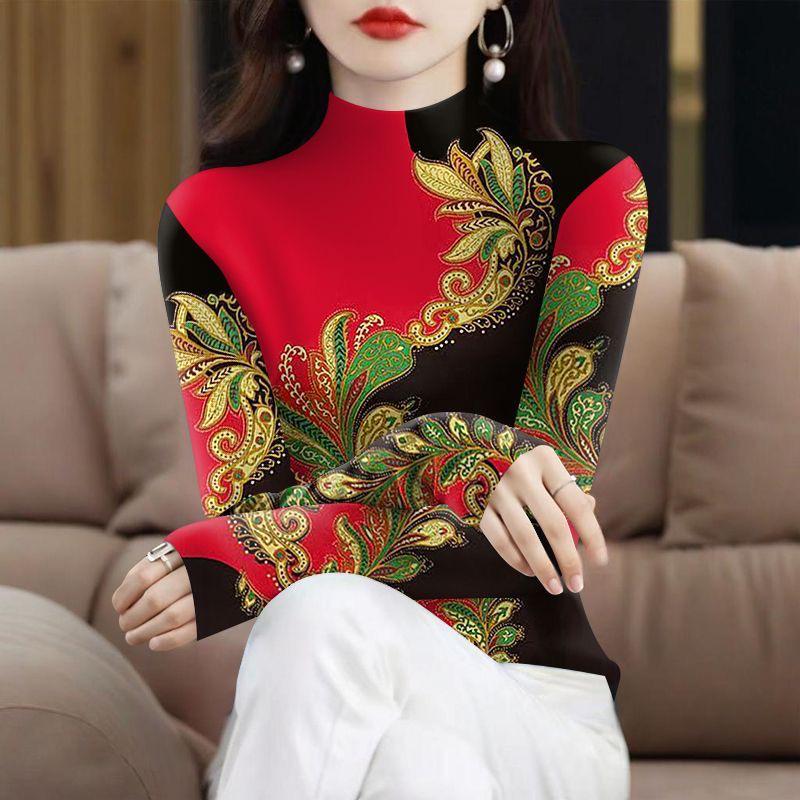 Plus Velvet Thickened Long Sleeve High Collar Printed Top for Middle-aged & Elderly Women – Tummy Covering, Spring/Autumn Fashion
