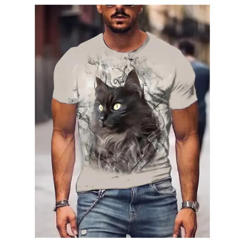 Summer Round Neck 3D Cat Print Top Fashionable Casual Short Sleeved Men's T-shirts