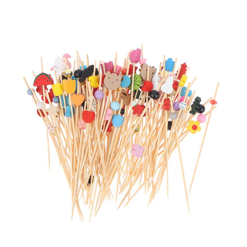 100Pcs Mix Fruit Bamboo Pick Buffet Cactus Leaves Cupcake Fruit Fork Salad Stick