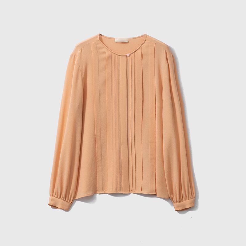 

Тяжелый шелк крепдешин 25 момми, рубашка с круглым вырезом и длинными рукавами - 100% шелк тутового шелкопряда, французский дизайн, повседневный топ L оранжевый