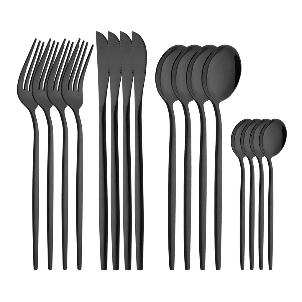 Shiny Black Dinnerware Set Korean Flatware Set Dinner Knife Fork Spoon Teaspoon Tableware Stainless Steel Cutlery Family Eating Utensils