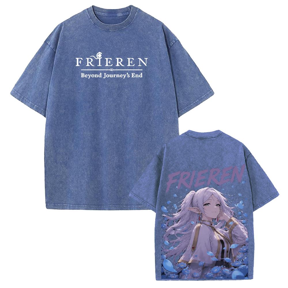 Anime Frieren T-shirt Harajuku Vintage Washed Tees Streetwear Men Women Clothing Short Sleeve Oversized 100% Cotton T Shirt