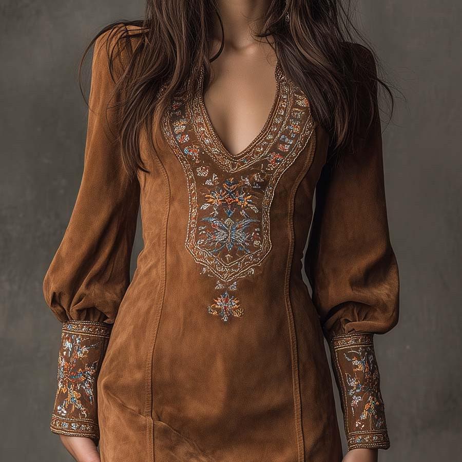 2025 European & American Women's V-neck Embroidered Mini Bodycon Dress