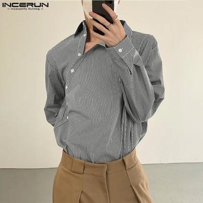 Camisas Casuais Masculinas Listradas de Manga Longa com Gola Reversível e Botões Oblíquos