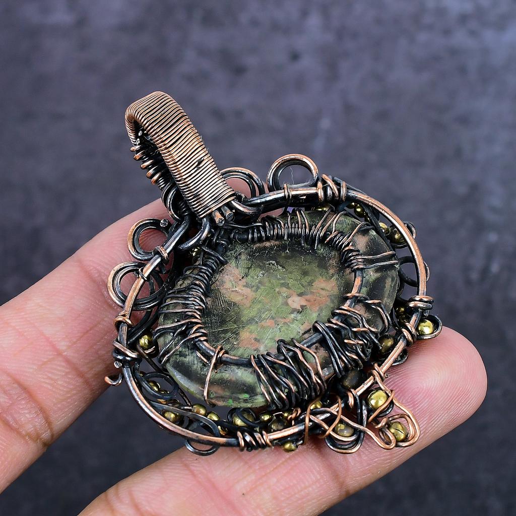 Unakite Gemstone Handmade Copper Wire Wrap Jewelry Pendant 2.56" ET-4934