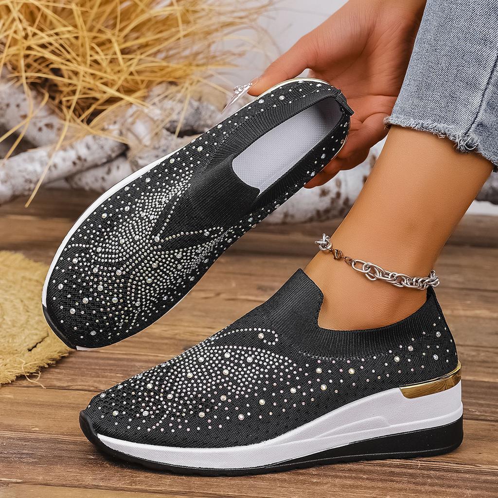 Women's Summer Sports Casual Shoes with Wedge Heels, Round Toe and Rhinestone Slip-on Shoes