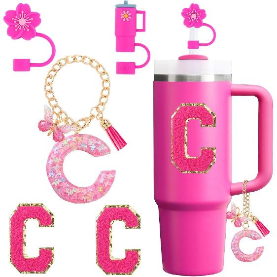Cup Accessories Set for Stanley Cup 30oz 40oz tumbler with handle, Including Silicone Straw Topper Cover Cap, Handle Charm, Initials Sticker Fuchsia