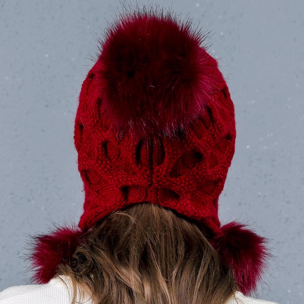Women Knitted Cap Warm Woolen Hat with Plush Fuzzy Balls for Autumn Winter