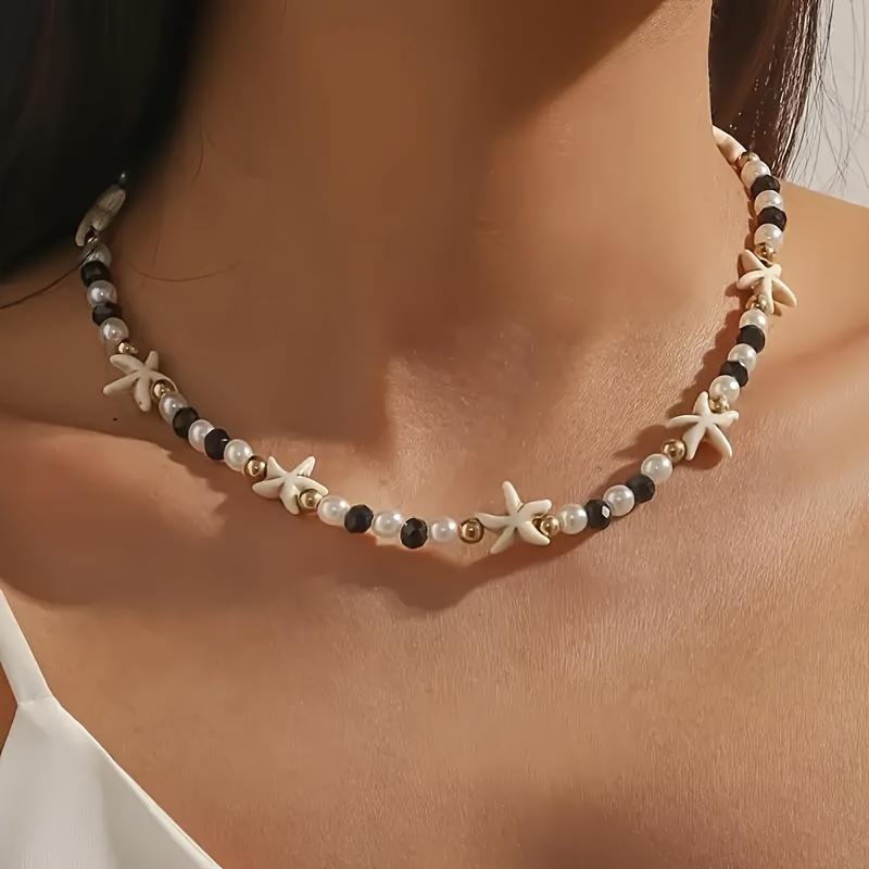 Fashionable and minimalist turquoise starfish mixed with pearl black bead neck women's necklace, versatile for daily use