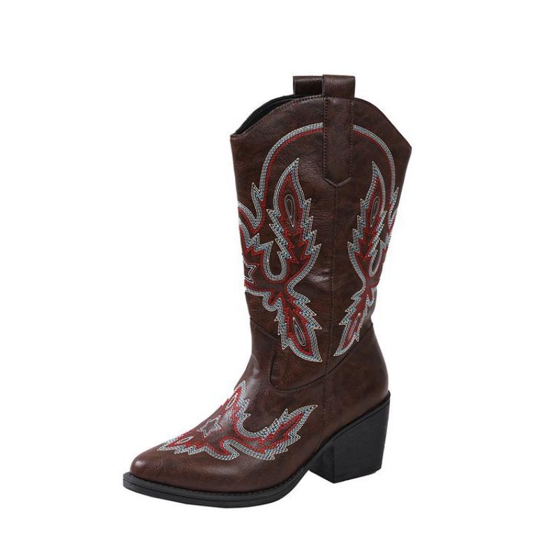 Women's Wide Width Embroidered Cowboy Boots, Western Style Mid-Calf Riding Boots, Vintage Chelsea Martin Boots for Women
