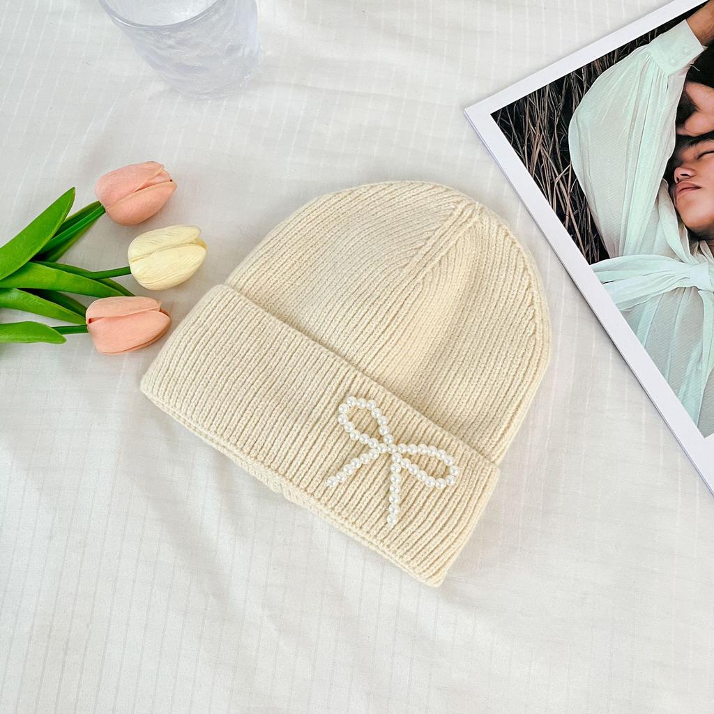 Korean Pearl Bow Wool Hat for Women Plus Velvet Thickened Warm Knitted Hat Letter Labeled Same Style for Men and Women