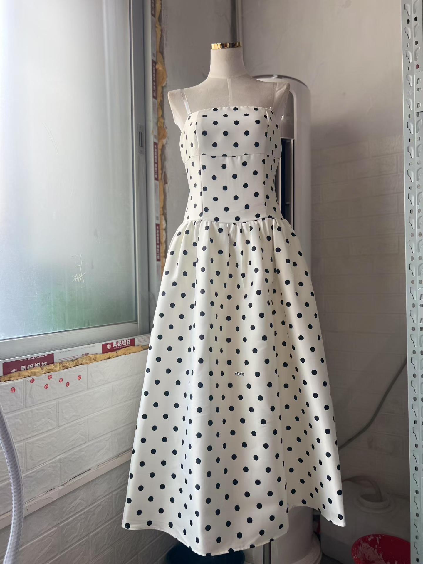 Hepburn Style Waist-Cinched Retro Polka Dot Bandeau Dress for Women L белый