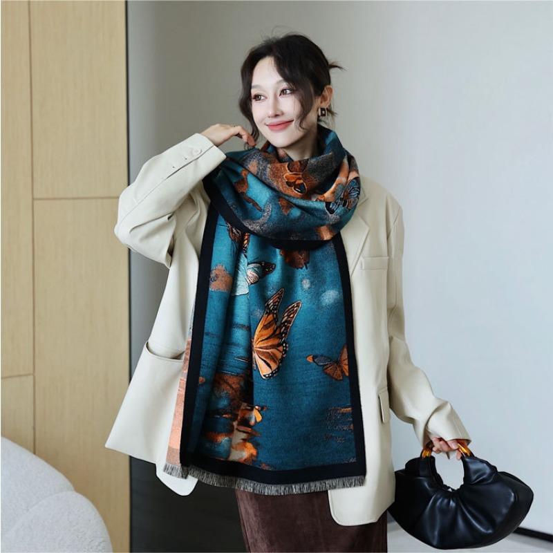 Butterfly oil painting shawl autumn and winter new literary and fashionable imitation cashmere scarf women's oversized versatile warm thickened scarf