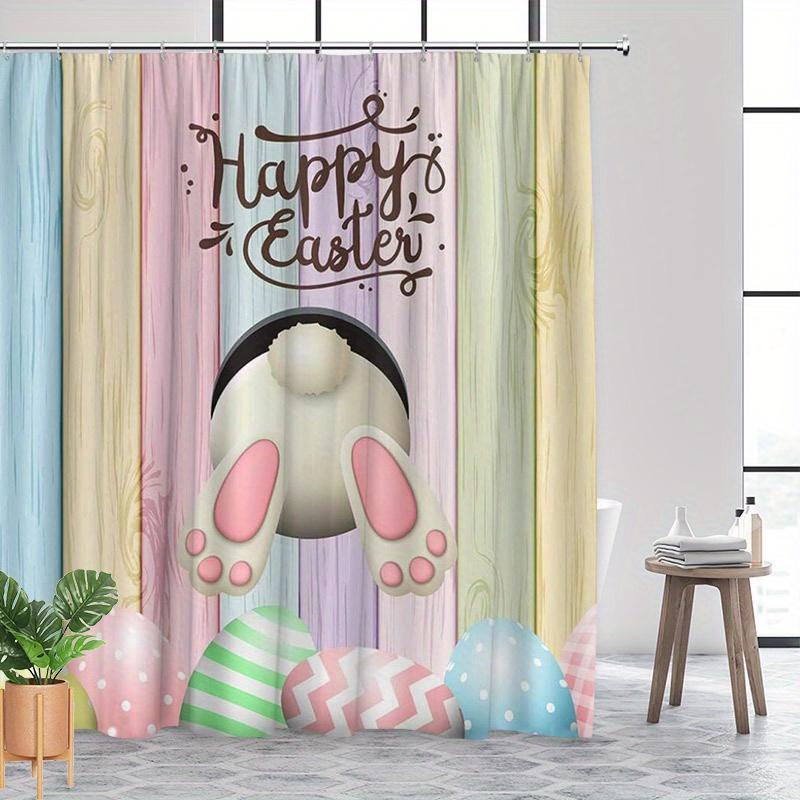 Happy Easter Shower Curtain - Bunny & Egg Print With "Happy Easter" Script, Fashion Style, Machine Washable Polyester