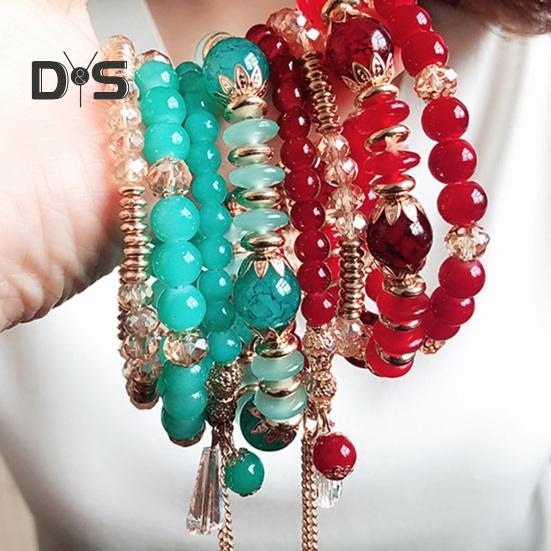 5-teiliges Damen-Armbandset mit Kunstkristallen, glatt, mit mehreren Anhängern, Schmuck im Retro-Boho-Stil mit elastischer Kordel, mehrlagiges stapelbares Armbandset