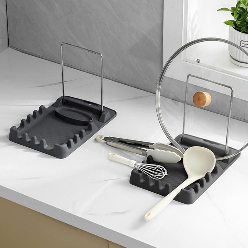Spatula Rest and Pot Lid Rack with Partitioned Drain Tray, Metal Frame Stand for Sink Area, Table Side Service and Daily Cooking for Kitchen Counter