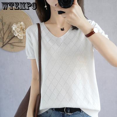 Sommer Neue frauen T-shirt Casual Reine Farbe Gestrickte Pullover Kurzen ärmeln V-ausschnitt frauen Top Lose Mode T-shirt