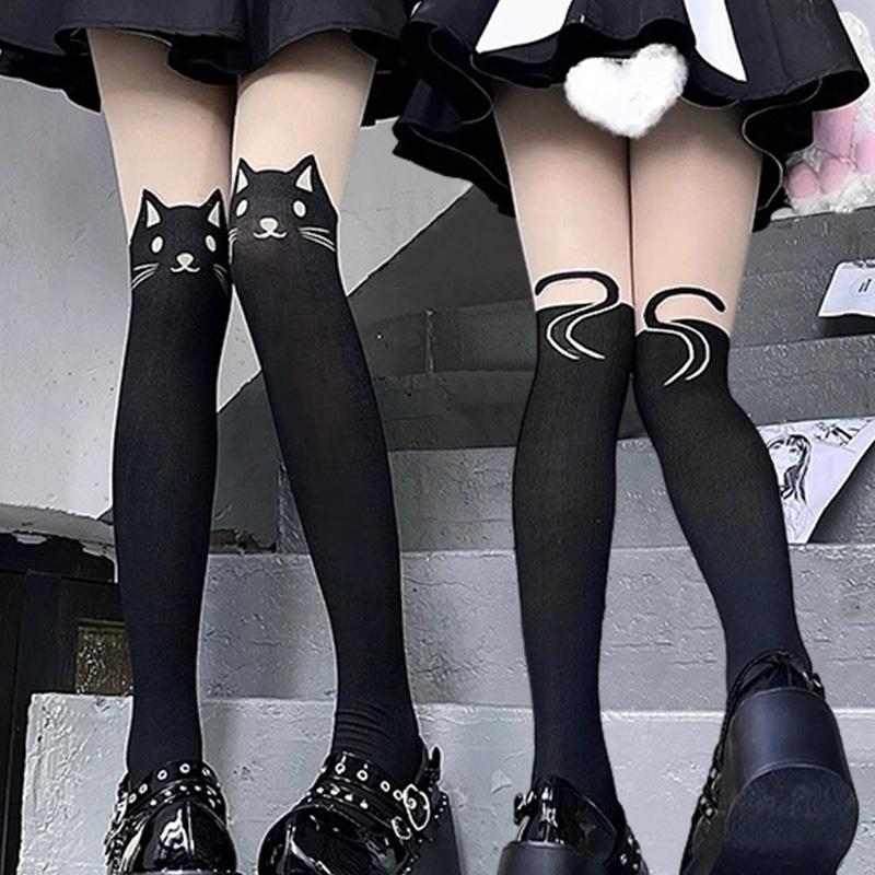 Creative Women Cute Cat Silk Stockings Sexy Thin Cartoon Kitten Tail Pantyhose Hosiery Tattoo Tights Fashion Printed Stockings