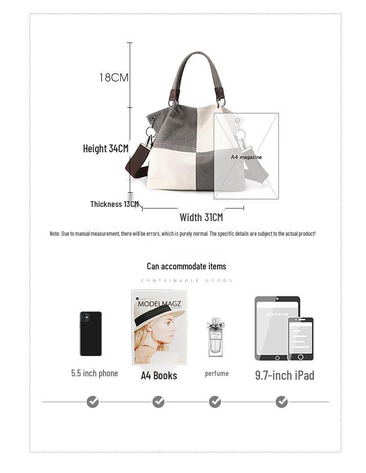 Trendy Women's Patchwork Canvas Tote and Crossbody Bag - Fashionable, Versatile, Color Block Design 2025.