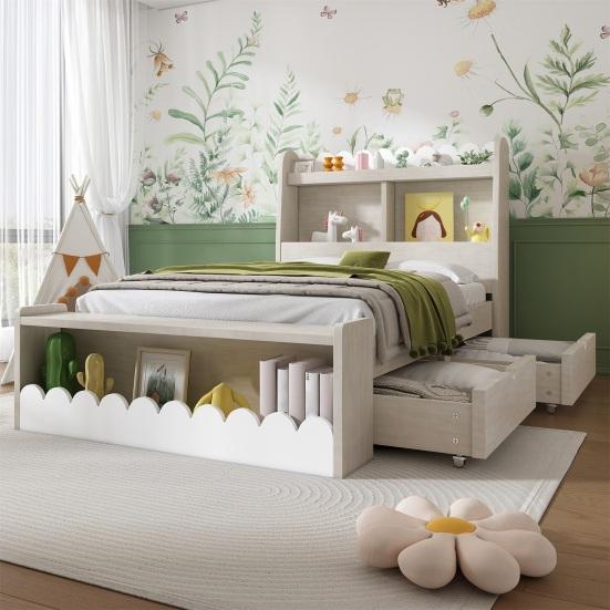 Children Bed Single Bed Storage Bed with Drawers, Shelf And Bench with Storage Space, Wooden Bed 90x200cm, Bed Frame And Slatted Frame Made of Wood,