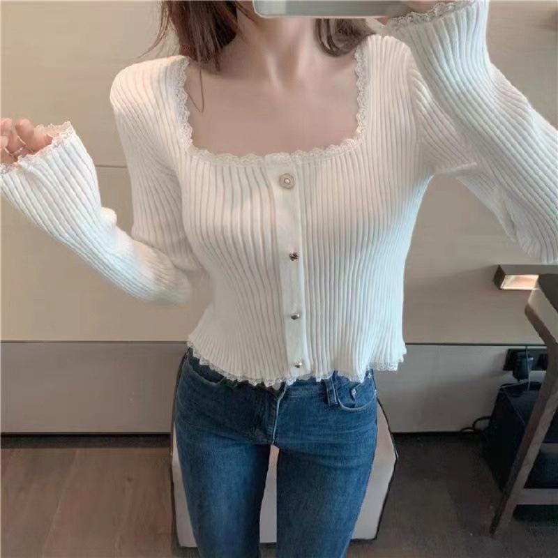 2024 Autumn French Square Neck Knit Base Layer Top for Women - Short, Stylish Sweater