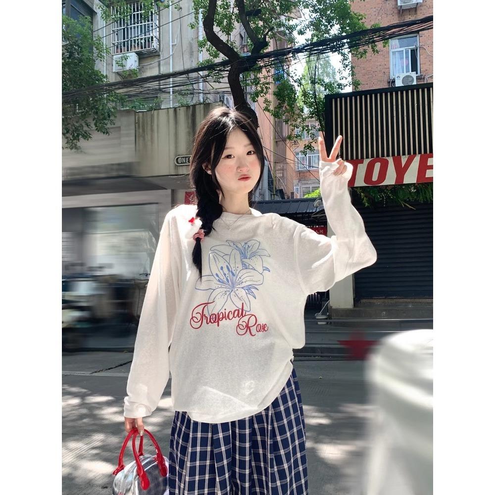 Casual Lazy Wind Sunscreen Blouse Top Summer Thin Loose Snowflake Cotton Long Sleeve Crew Neck T-Shirt Women's Air Conditioning Shirt