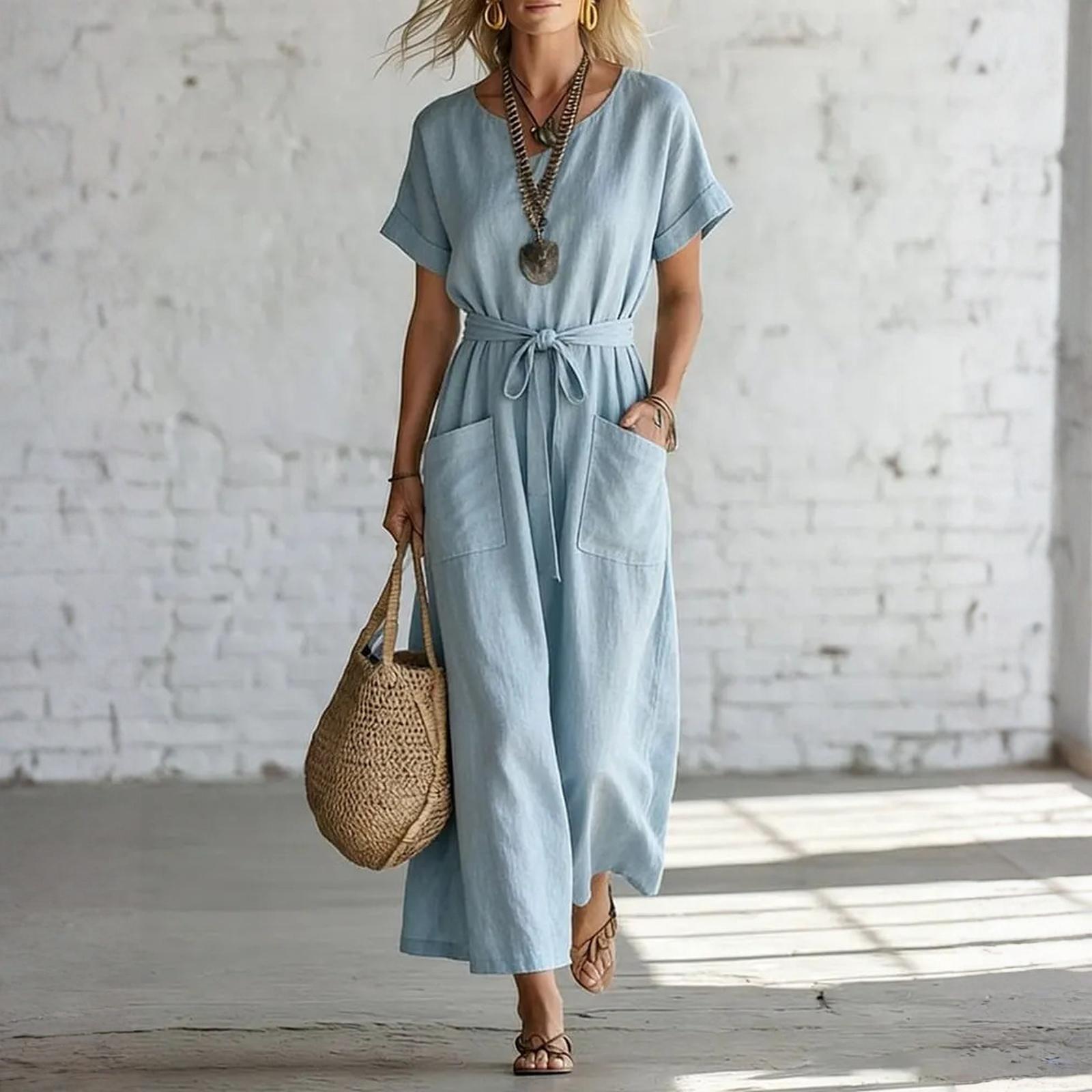 

Women s Short Sleeved V-neck Belt Casual Cotton And Linen Dress L