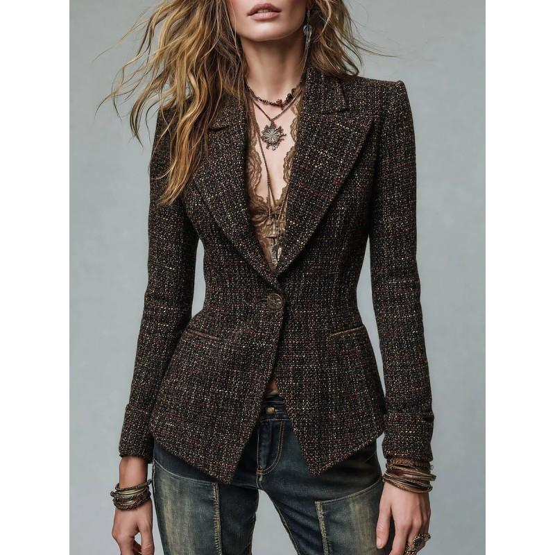 Womens Vintage Tweed Blazer Coat Slim