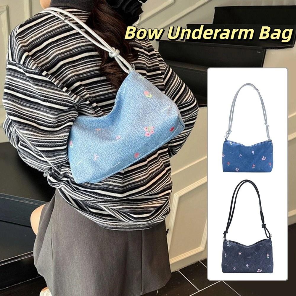 Korean Bow Underarm Bag Blue Women's Handbag Trendy Denim Shoulder Bag Female