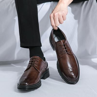 Men Fashion Pointed Derby Shoes PU Solid Color Lace Up Low Heel Comfortable Breathable Business Formal Men Shoes