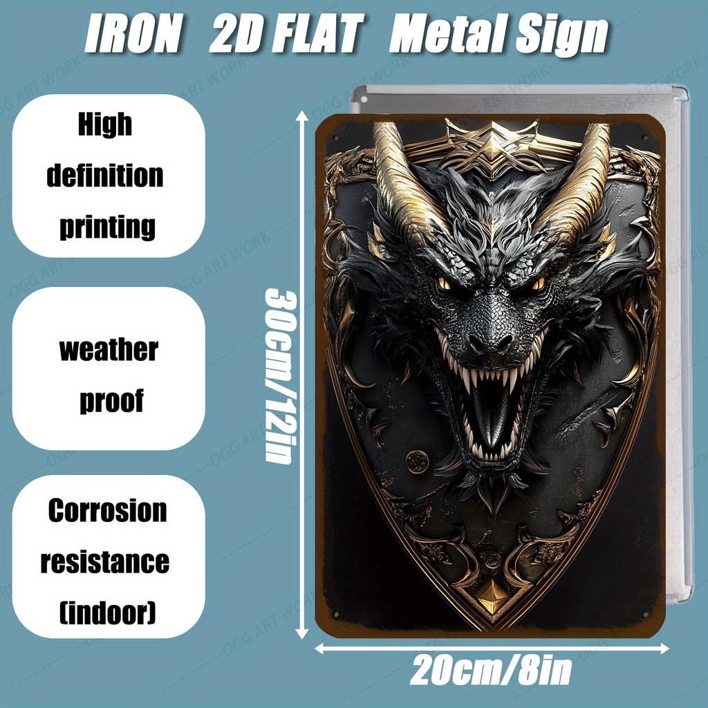 pc Vintage Dragon Shield Metal Tin Sign xin Fantasy Wall Art Gold Accents Predrilled Easy Home Decor