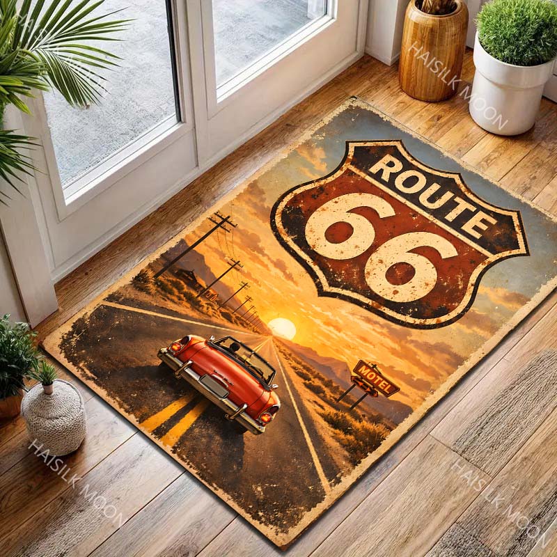 Route 66 vintage sign sunset convertible Print Carpet for Living Room Bedroom Sofa Home Decor Rus Non-slip Floor Mat Luxury Gift