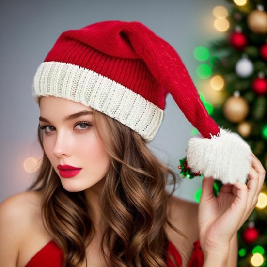 Santa Hat for Adults Kids Soft Knitted Christmas Hat Classic Red Parent-Child Skull Cap with Pompom for Xmas New Year Party Supplies