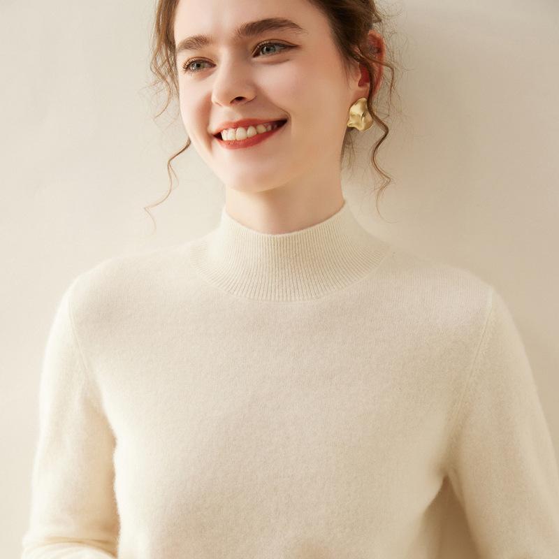 Women's Half-High Neck Cashmere Knit Sweater - Versatile, Warm, Loose Fit Pullover