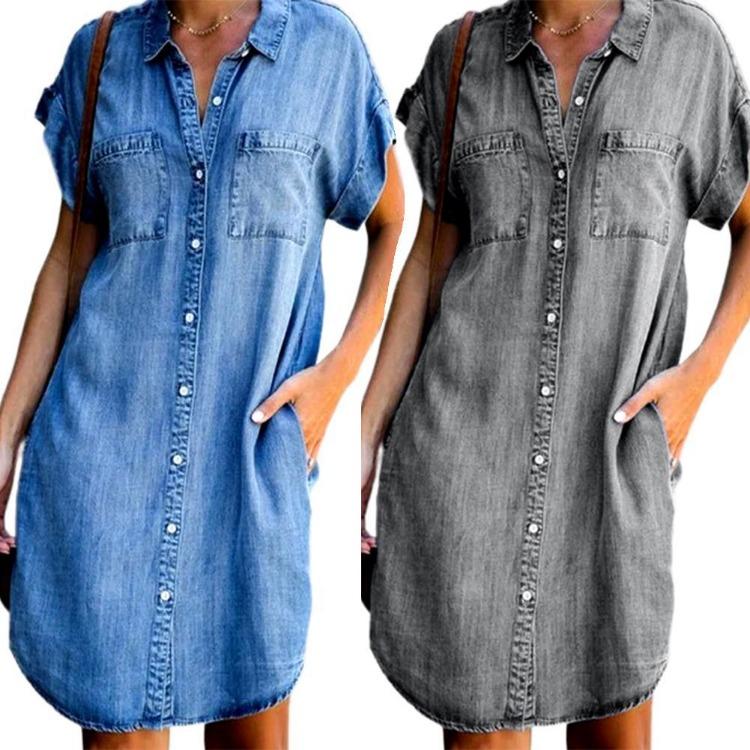 Women Plus Size Denim Dress Knee Length Loose Single Breasted Short Sleeve Irregular Hem Spring Summer Dresses with Pockets