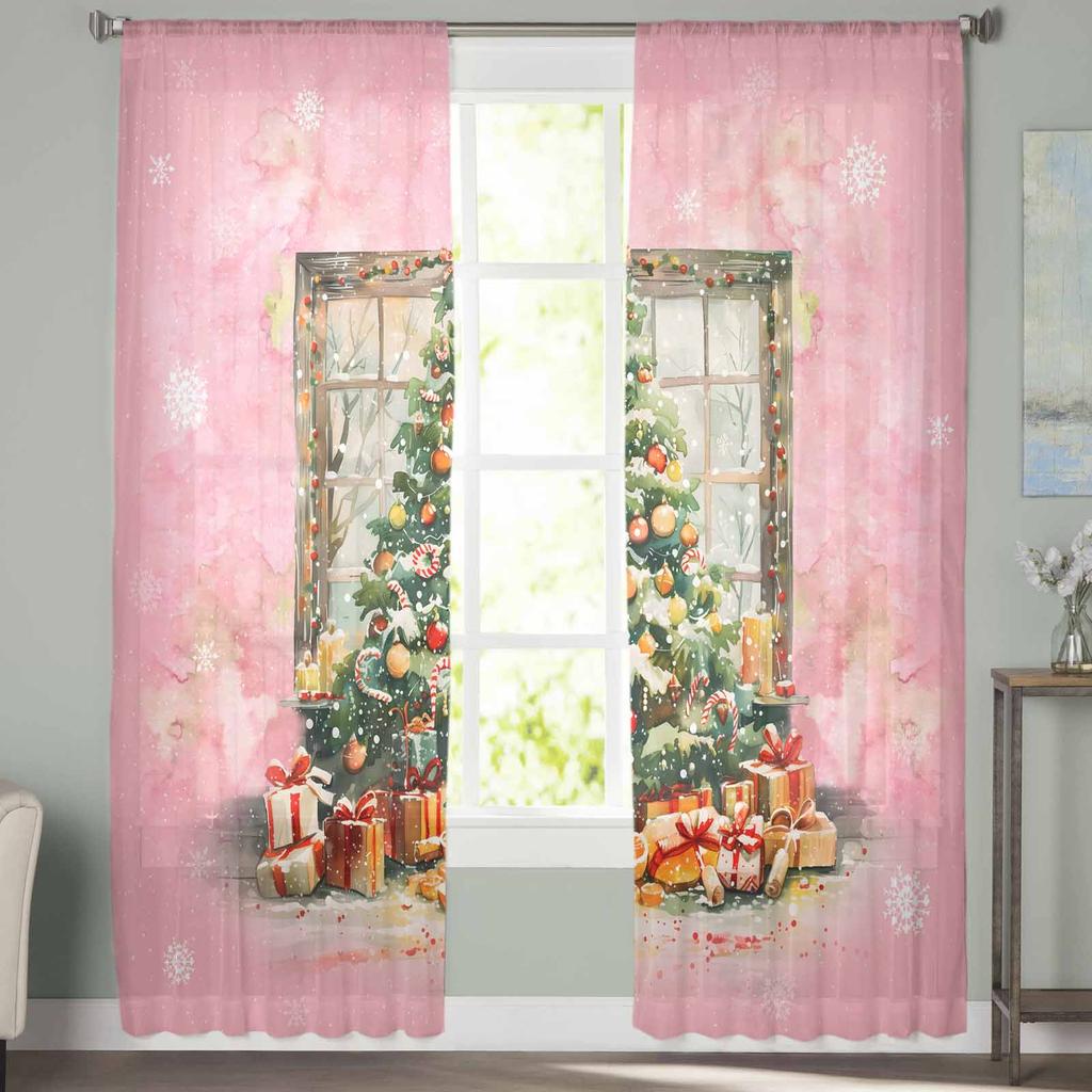 Christmas Tree Gift Fruit Curtains For Living Room Bedroom Home Decoration Window Voile Tulle Curtain Drapes