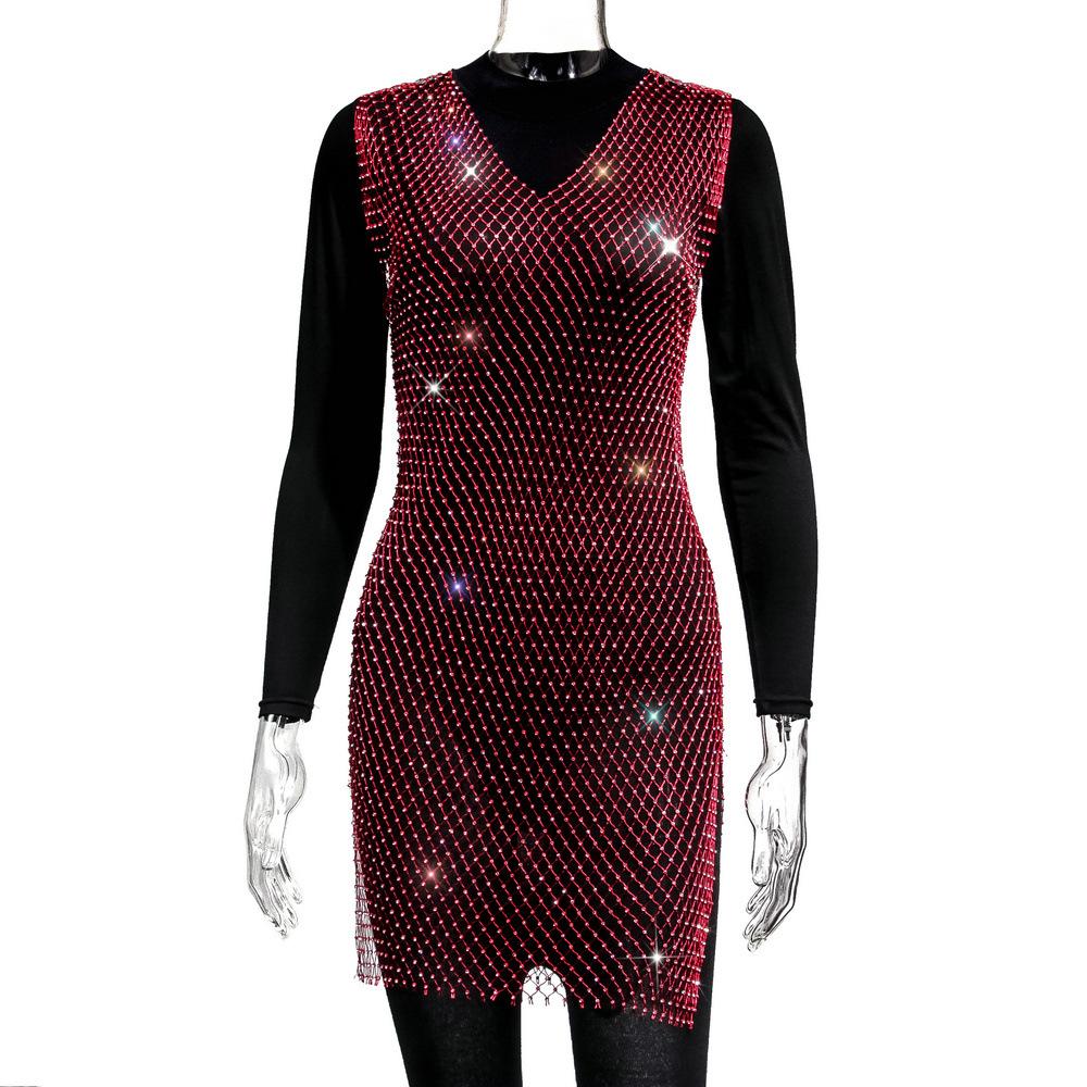 Women's Grid Flash Diamond Fishnet Dress Spice Girl Wind Dress Sex Dress