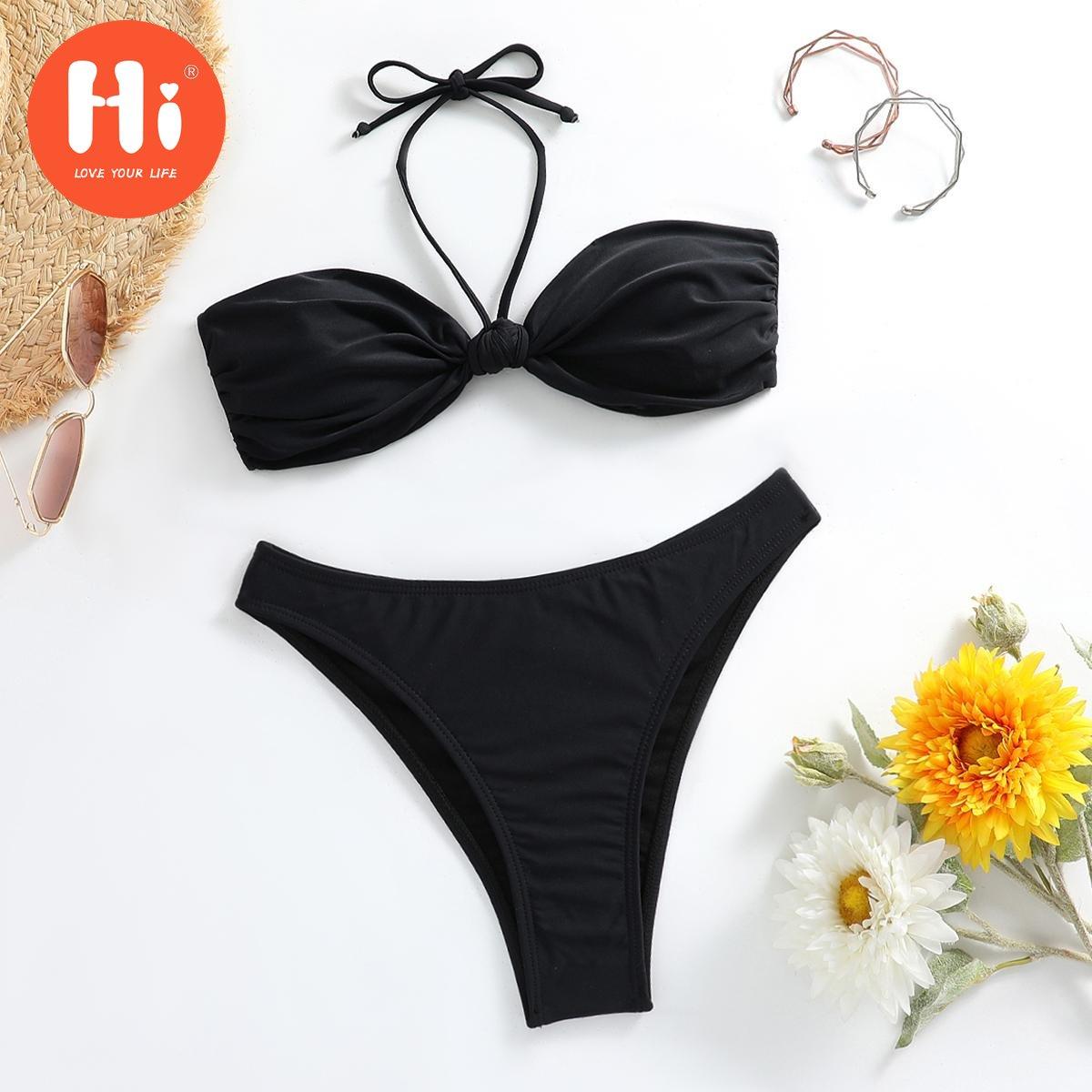 

Бикини женский купальник на шнуровке однотонный черный комплект бикини стринги с высокой талией купальник пляжная одежда купальный костюм женский