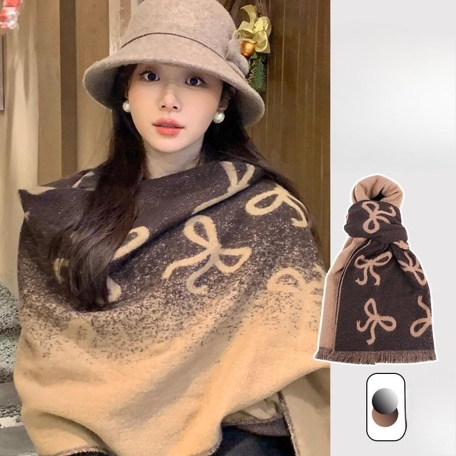 Bow Tassel Scarf Women's Winter Large Shawl High End Double-sided Imitation Cashmere Extended and Thickened Warm Scarf