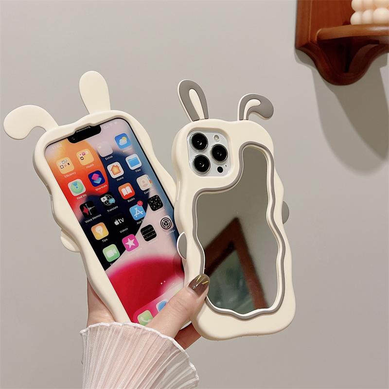 Korea 3d Cute Rabbit Ear Makeup Mirror Silicone Case For Iphone 14 13 11 12 Pro Max Xs Xr X 7 8 14 Plus Cartoon Shockproof Cover