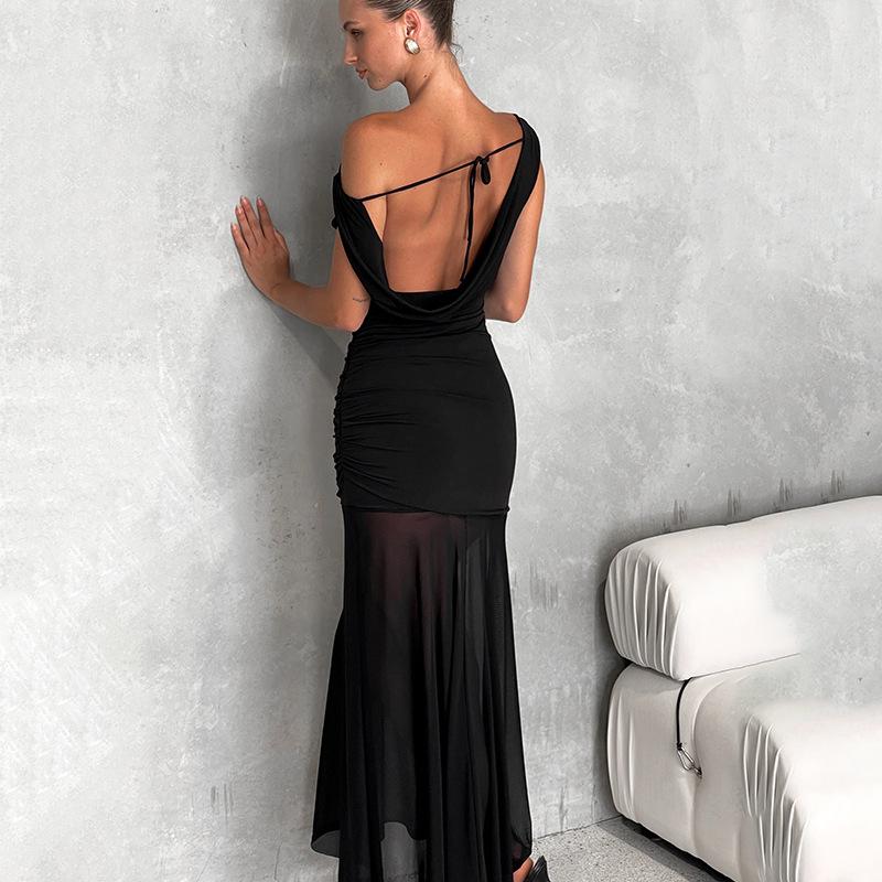 JY25022 Cowl Neck Backless Mesh Dress - European & American Style, Sexy Slim Fit, Long Spring 2025 Fashion