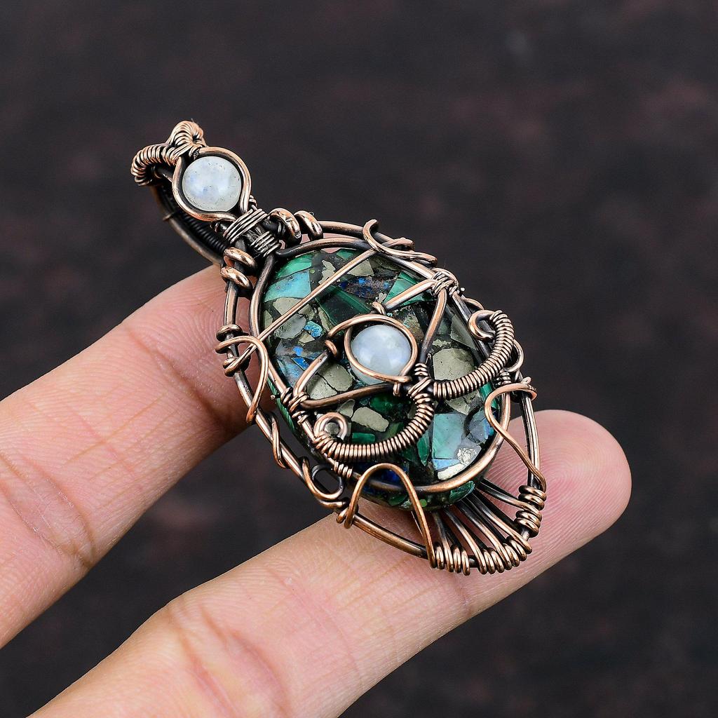 Copper Azurite Malachite Pendant Evil Eye Pendant Copper Wire Wrapped Rainbow Moonstone Pendant Gemstone Jewelry Handmade Brand New Pendant