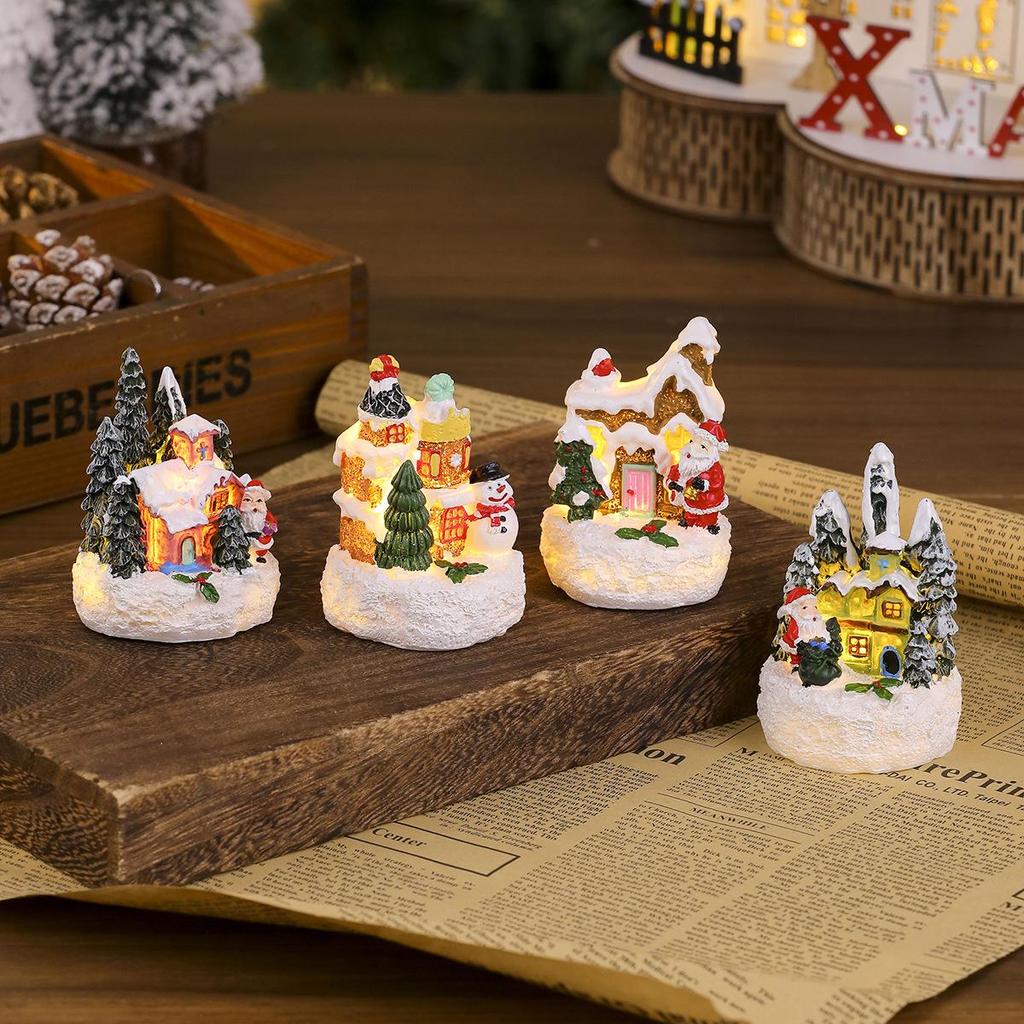 Glowing Resin Christmas House with Santa & Snowman Ornament