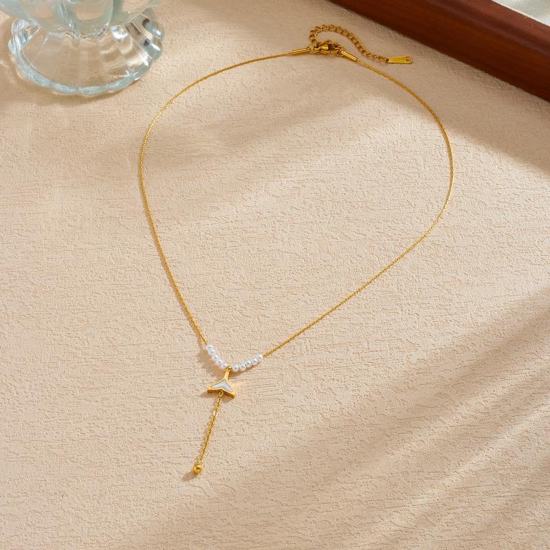 Gold Plated Stainless Steel Mermaid Tail Pearl Lariat Necklace for Women